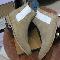 Ankle High Handmade Beige Suede Chelsea Boot, Men's Boot - Thumbnail 1