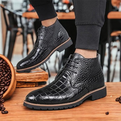 Handmade men's black alligator print leather lace up dress shoes - Thumbnail 3