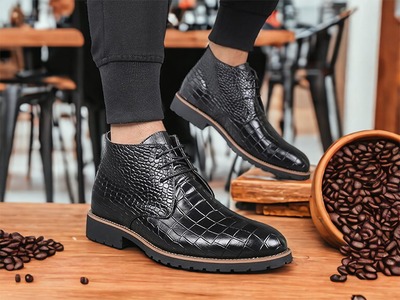 Handmade Men's Black Alligator Print Leather Lace Up Dress Shoes