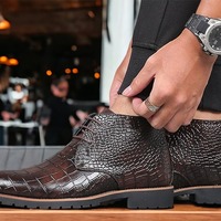 Handmade Men's Dark Brown Alligator Print Leather Lace Up Dress Shoes - Thumbnail 1