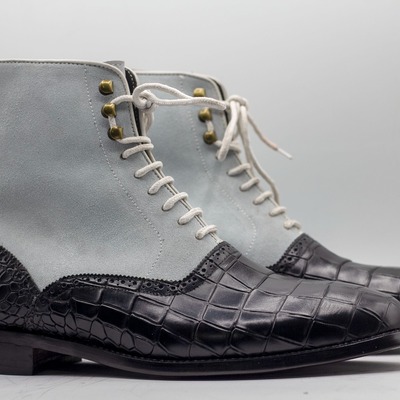 Handpainted men's two tone  alligator print leather & suede lace up ankle boots