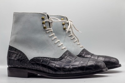 Handpainted Men's Two Tone  Alligator Print Leather & Suede Lace Up Ankle Boots