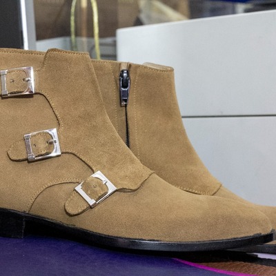 Men's brown suede triple buckle monk handmade suede zipper ankle boots - Thumbnail 3