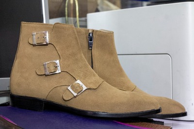 Men's Brown Suede Triple Buckle Monk Handmade Suede Zipper Ankle Boots