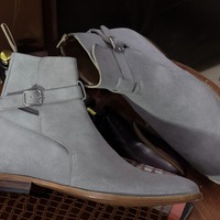 Handmade Men's Gray Suede Singal Monk Buckle Ankle Boots - Thumbnail 1