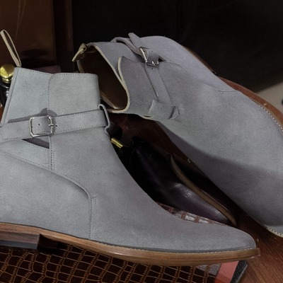Handmade men's gray suede singal monk buckle ankle boots