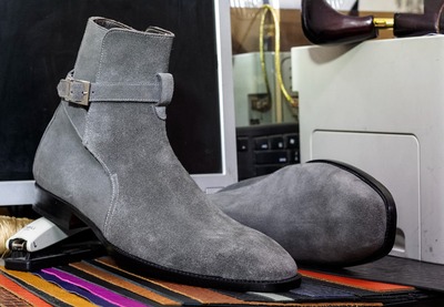 Handmade Men's Gray Suede Singal Monk Buckle Ankle Boots
