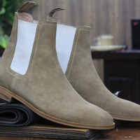 Men's Beige Suede Chelsea Ankle Handmade Fashion Boots - Thumbnail 1