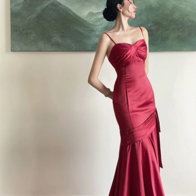 Wine red satin straps long evening dress prom dress, wine red party dress kpp1770
