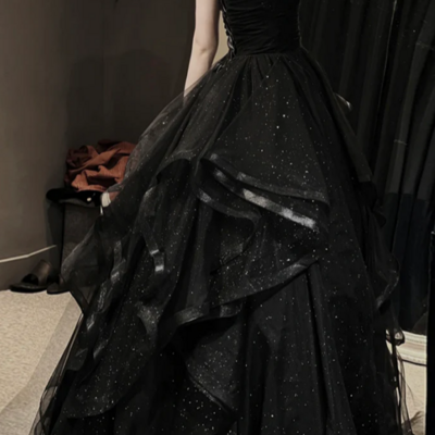 A line sweetheart neck tulle long prom dress, black long formal dress kpp1771