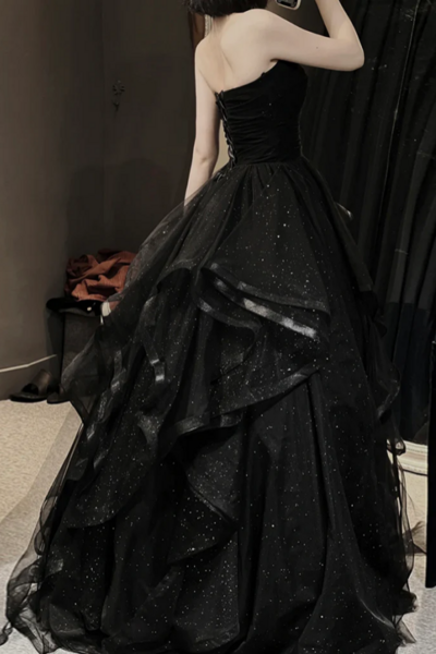 A Line Sweetheart Neck Tulle Long Prom Dress, Black Long Formal Dress KPP1771