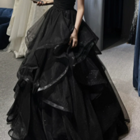 A Line Sweetheart Neck Tulle Long Prom Dress, Black Long Formal Dress KPP1771 - Thumbnail 1
