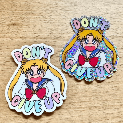 Sailor anime girl "don't give up" vinyl & glitter sticker - waterproof, matte, glitter, scratch-resistant, kawaii sticker