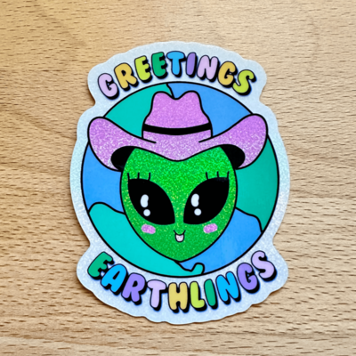 Greeting earthlings alien glitter dust rainbow sticker