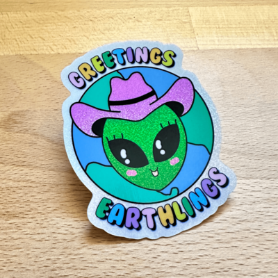 Greeting earthlings alien glitter dust rainbow sticker