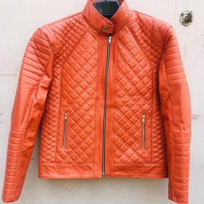 Crafted leather mens orange quilted slim fit motorcycle fashion outfit diamond stitch pattern leather jacket