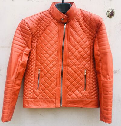 Crafted Leather Mens ORANGE QUILTED Slim Fit Motorcycle Fashion Outfit Diamond Stitch Pattern Leather Jacket