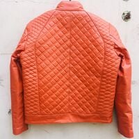Crafted Leather Mens ORANGE QUILTED Slim Fit Motorcycle Fashion Outfit Diamond Stitch Pattern Leather Jacket - Thumbnail 1