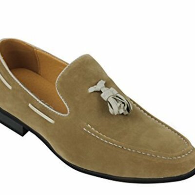 Beige suede leather apron toe handmade tassel loafer slip on party wear shoes