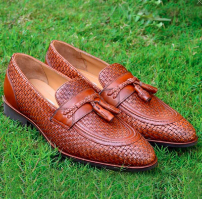 BURLINGTON IN WOVEN BROWN, HANDMADE WOVEN LEATHER SHOES, MEN LOAFERS AND SLIP ON