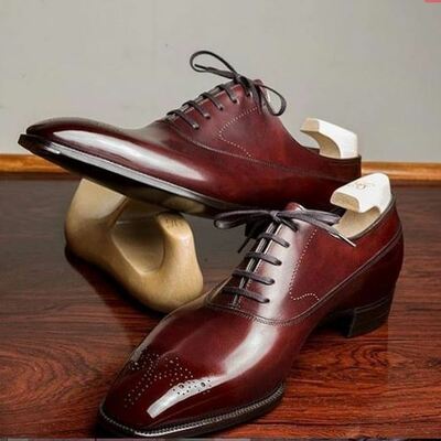 Brogues toe genuine leather maroon brown men handmade lace up oxford shoes