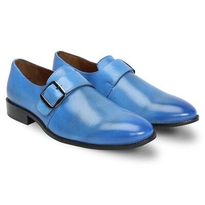 Men's blue color single buckle strap plain rounded toe black sole leather shoes
