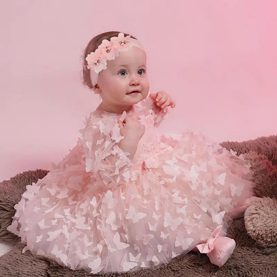Baby toddler girl pink easter dress 3d mesh tulle butterfly tutu princess dress, flower girl dress, first birthday dress, special occasion