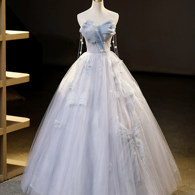 Blue tulle long prom dress, off the shoulder evening party dress - Thumbnail 2