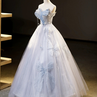 Blue Tulle Long Prom Dress, Off the Shoulder Evening Party Dress - Thumbnail 1