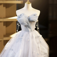 Blue Tulle Long Prom Dress, Off the Shoulder Evening Party Dress - Thumbnail 2