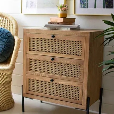 Wood bedside table with three woven cane drawers - chh1390 - Thumbnail 2