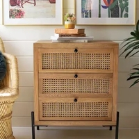 Wood Bedside Table With Three Woven Cane Drawers - CHH1390 - Thumbnail 1