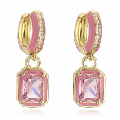 Enamel hoop drop cz earrings 