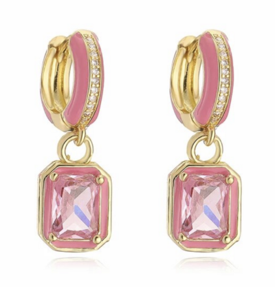 Enamel Hoop Drop CZ Earrings 