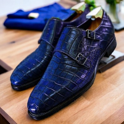 Men's blue double buckle alligator print leather handmade dress shoes