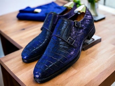 Men's Blue Double Buckle Alligator Print Leather Handmade Dress Shoes