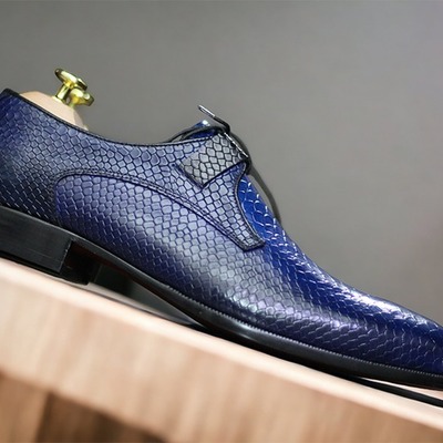 Blue python leather lace up dress handmade men's shoes - Thumbnail 1