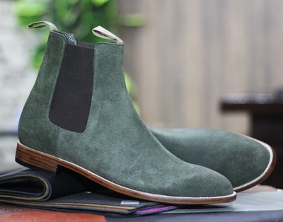 Handmade Men's Olive Suede Chelsea Ankle High Designer Boots