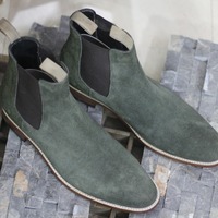 Handmade Men's Olive Suede Chelsea Ankle High Designer Boots - Thumbnail 1