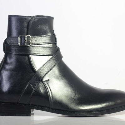 Jodhpur black leather ankle high long fashion monk buckle handmade men's boots - Thumbnail 3