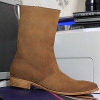 Handmade Men's Brown Suede Zipper Long Ankle High Boots - Thumbnail 1