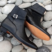 Handmade Men's Black Leather Jodhpur Monk Ankle High Fashion Boots - Thumbnail 1