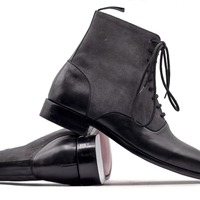 Handmade Men's Two Tone Leather & Suede Laceup Ankle Fashion Boots - Thumbnail 1