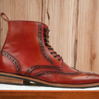 Ankle high pure burgundy genuine leather boot, men's wing tip boot - Thumbnail 1