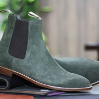  Olive Suede Chelsea Ankle High Designer Handmade Men's Boots - Thumbnail 1