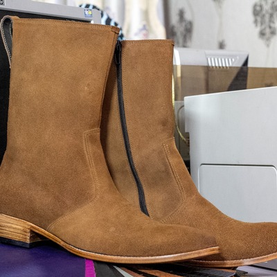 Men's brown suede zipper long handmade ankle high boots