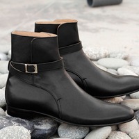 Handmade Men's Black Leather Jodhpur Monk Ankle High Fashion Boots - Thumbnail 1