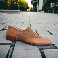 Handmade Men's Brown Leather & Suede Loafer Shoes - Thumbnail 1