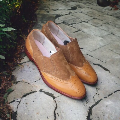 Handmade Men's Brown Leather & Suede Loafer Shoes