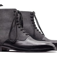 Men's Two Tone Leather & Suede Lace Up Ankle Fashion Handmade Boots - Thumbnail 1